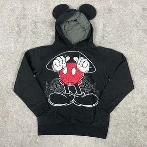 Disney Parks Mickey Mouse Hoodie Youth Medium Black Hooded Ears Pullover